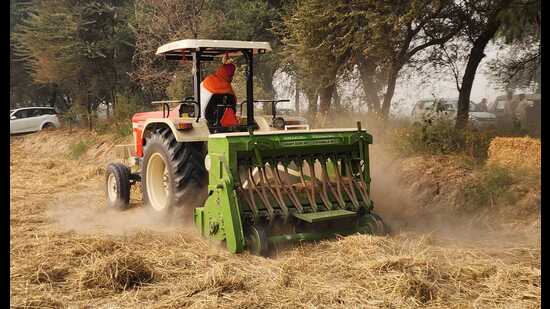 बठिंडा के सिरिएवाला गांव में सोमवार को मशीनीकृत गेहूं की बुआई चल रही है। (संजीव शर्मा/एचटी)