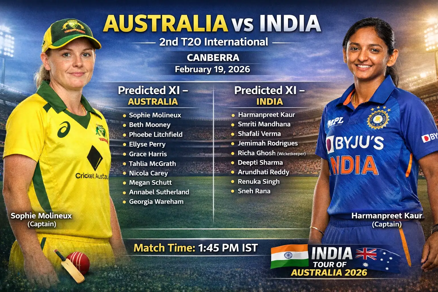भारत बनाम ऑस्ट्रेलिया, दूसरा महिला टी20 अंतर्राष्ट्रीय आज कैनबरा में