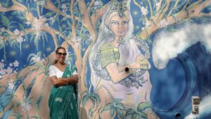 तिरुवनंतपुरम में मनवीयम विधि में अपने भित्तिचित्र पर फ्रांसीसी कलाकार डे एमकेओ