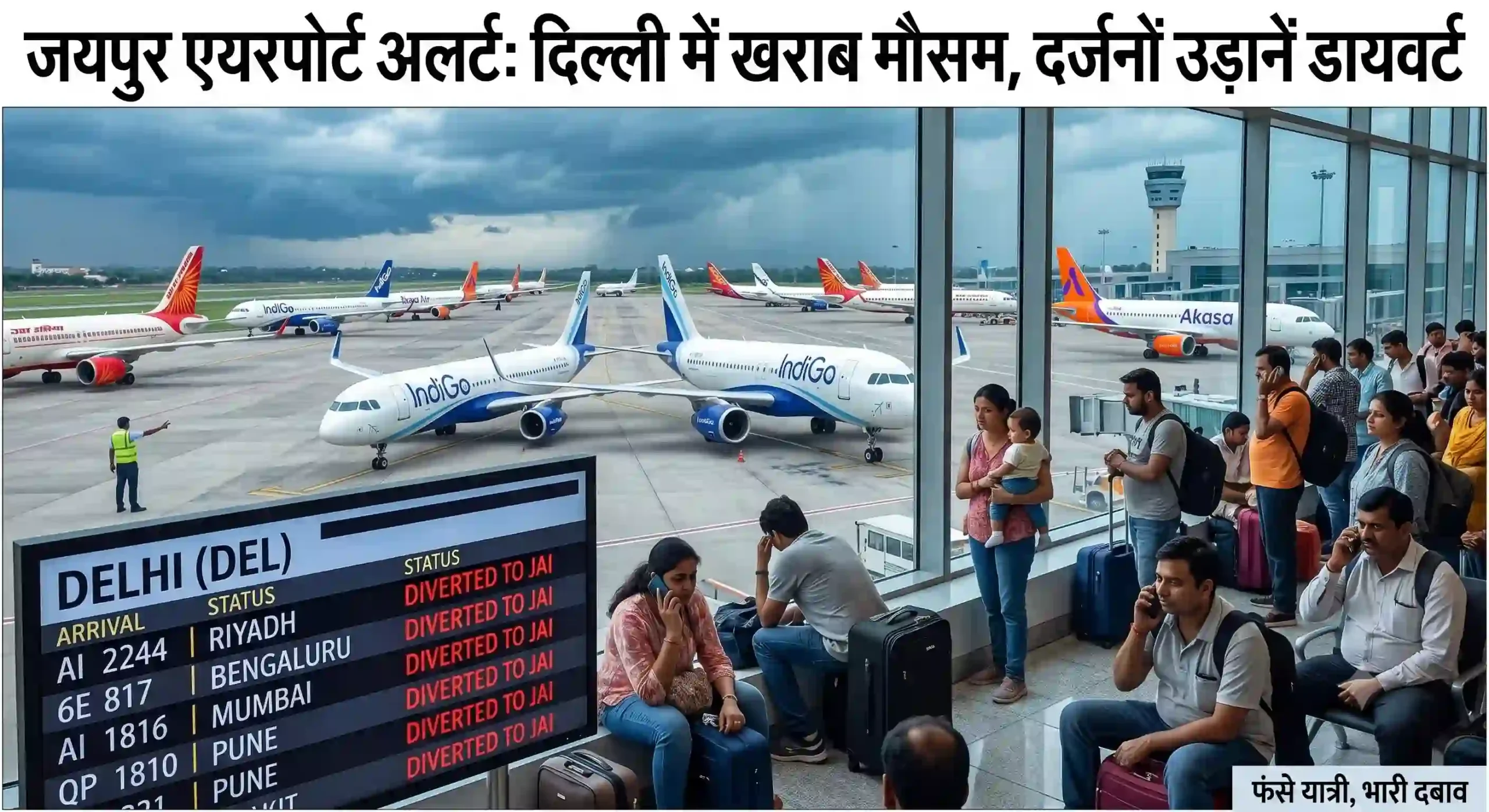 जयपुर एयरपोर्ट अलर्ट: दिल्ली में खराब मौसम से भयानक स्थिति, दर्जनों उड़ानें डायवर्ट, यात्री बेहाल